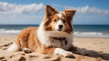 Portrait of a red and white border collie dog lying on the beach