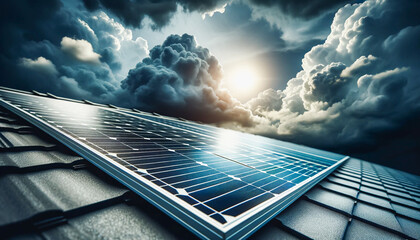 Solar panel on a roof against a dramatic sky with sun peeking through clouds... - obrazy, fototapety, plakaty