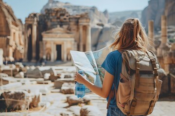Woman with Map and Backpack Exploring Ancient Ruins - obrazy, fototapety, plakaty