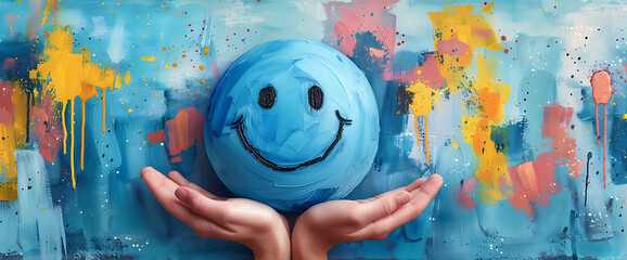 Woman hands holding a blue smiley face - obrazy, fototapety, plakaty
