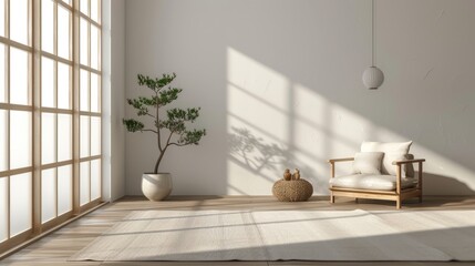 Fototapeta na wymiar An empty room interior background with a minimalist Japanese design concept