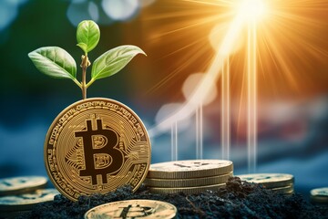 Young plant in soil on the top of bitcoin, digital currency, investment, crypto chart, business growth concept, cryptocurrency, copy space, digital currency.