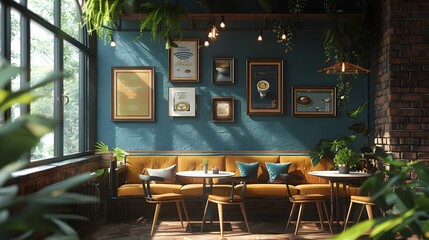Blue and Yellow Cafe Interior Design with Cozy Atmosphere - obrazy, fototapety, plakaty