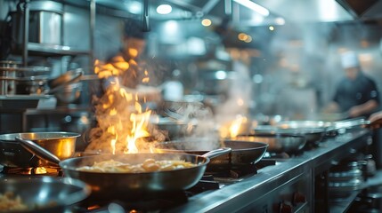 Chef Cooking in Commercial Kitchen with Flames