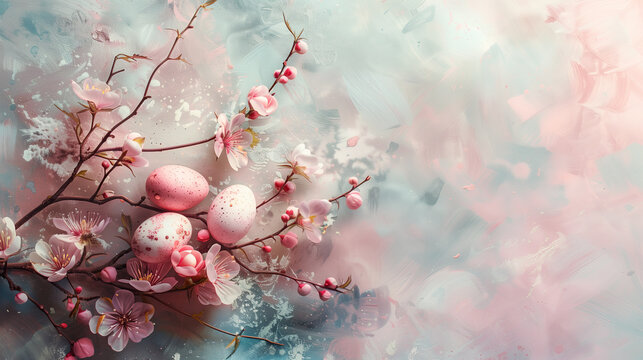 Spring flowers and Easter eggs on a dreamy Easter background, painted with soft watercolor paints that convey the delicate beauty of the bright Easter holiday