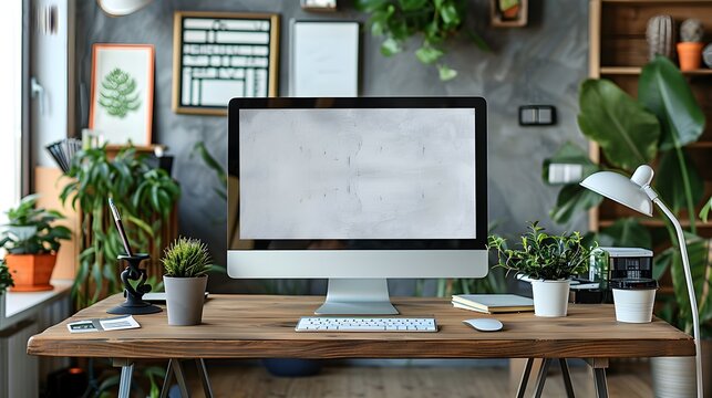 Home Office Desktop with Plants and Rustic Texture