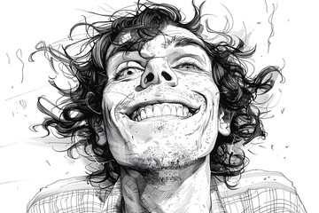 Fototapeta premium Funny and Expressive Young Man. Black Ink Drawing on White Paper