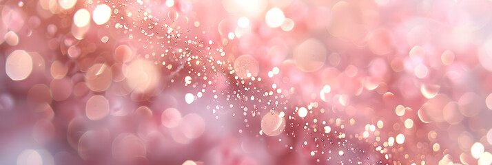 Abstract pink bokeh lights with glitter background. Blurred shiny backdrop. Defocused light texture. Design for banner, wallpaper, header. Romantic, Valentine's Day and love concept