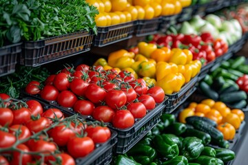 Naklejka na ściany i meble A vibrant array of fresh vegetables neatly organized on market shelves, showcasing healthy food options