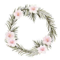 Fototapeta na wymiar Tropical frame with pam leaves and flowers. Watercolor wedding wreath, hand drawn isolated illustration on white background