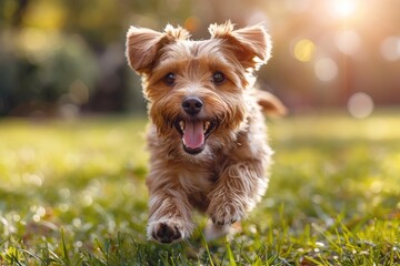 A joyful small dog with a big smile, running energetically across a sunlit grassy field