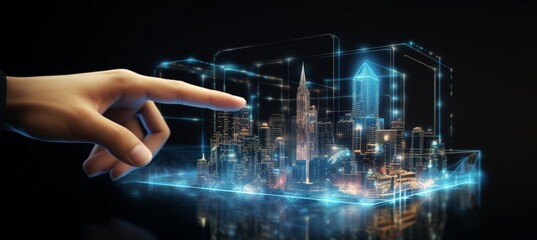 Businessman s hand pointing at modern commercial building hologram on futuristic hud background
