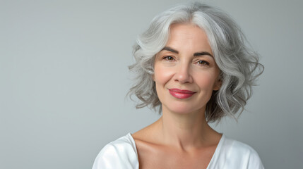 An engaging portrait of a serene mature woman with curly silver hair and a gentle smile, dressed in a white blouse