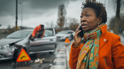 woman in an orange jacket speaking on the phone with a worried expression while a man in the background is also on his phone, both standing on a roadside with traffic cones and cars in the background. - obrazy, fototapety, plakaty