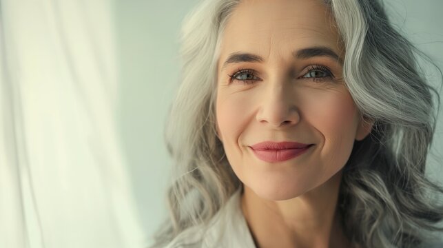 Portrait of a graceful senior woman smiling, mature woman with elegant silver hair and a warm expression