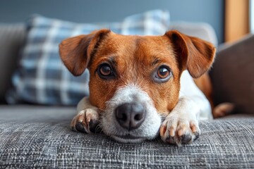 A comfy looking dog rests on a textured couch, paws sprawled forward, with a serene atmosphere