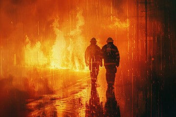 scene portraying two firefighters facing a blaze, rendered with realistic depictions of human form, utilizing techniques such as transparency, opacity, mechanical designs, photocollage