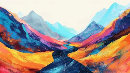 Fototapeten A road leading into the mountains, colorful painting, abstract background © Teppi