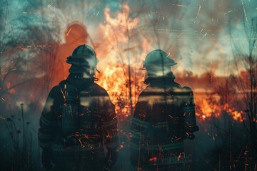scene portraying two firefighters facing a blaze, rendered with realistic depictions of human form, utilizing techniques such as transparency, opacity, mechanical designs, photocollage