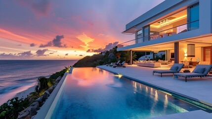 Fototapeta na wymiar Luxury Beachfront Villa with Ocean View at Sunset