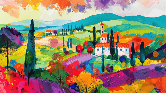 A beautiful landscape in Tuscany, colorful painting, abstract background