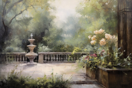 Moody oil painting of a Victorian garden. Muted colors, decorative ornaments and lush plant growth in Victorian era garden.