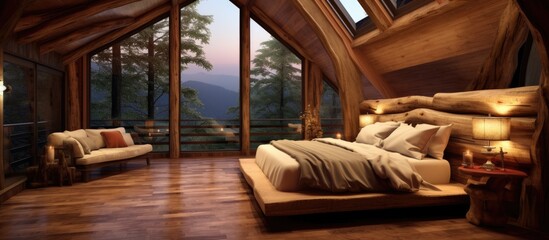 A bedroom featuring a spacious wooden interior with a sizable bed positioned in the center of the room.