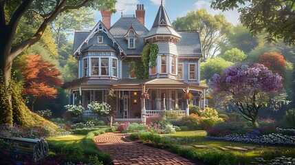 Victorian House in a Forest with Grassy Gardens - obrazy, fototapety, plakaty