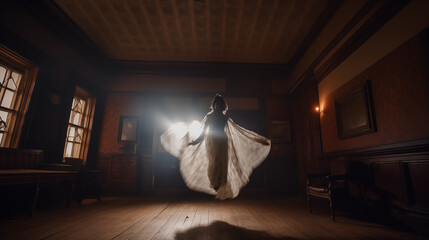 A mysterious and eerie headless suit suspended in mid-air against abandoned Victorian mansion interior
 - obrazy, fototapety, plakaty