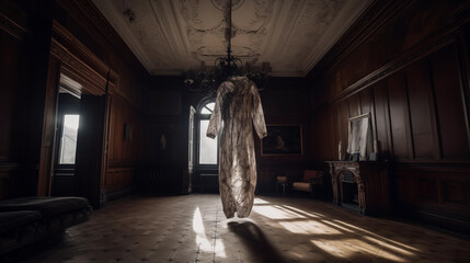 A mysterious and eerie headless suit suspended in mid-air against abandoned Victorian mansion interior
