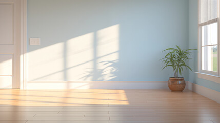 Fototapeta na wymiar Minimalist Home Decor with Light Blue Walls and a Single Plant in Brown Pot, Sunlight from Window