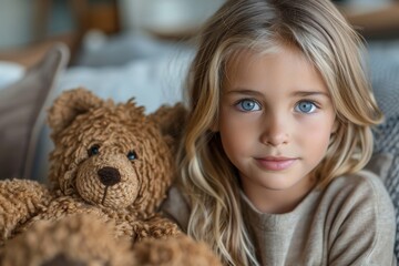 A young girl lies beside a teddy bear, conveying a sense of serenity with her calm blue eyes and soothing presence