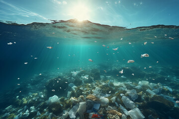 Pollution of plastic and Garbage in open sea concept.