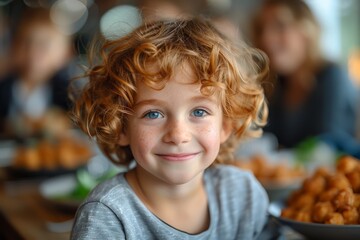 Cheerful young, curly-haired boy smiling at a restaurant, enjoying a meal and the moment, representing family and joy