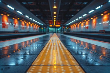 The image captures a deserted subway platform at night with vibrant lighting and a clear focus on the tactile paving