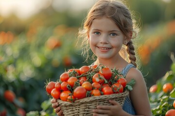 An adorable young girl smiling brightly, holding a basket full of ripe tomatoes in a sunlit garden setting