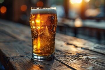 A refreshing glass of beer on an old wooden table illuminated by the warm glow of a sunset, creating a cozy atmosphere
