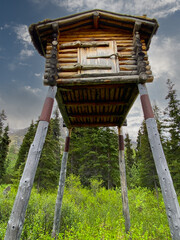 Lake Clark National Park, Alaska: Richard "Dick" Proenneke's food storage cache. Small log structure on stilts to keep away animals. "One Man's Wilderness" and "Alone in the Wilderness." © EWY Media