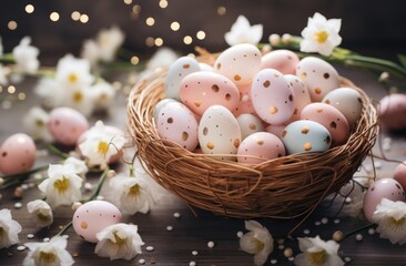 a basket of colored easter eggs with flower bulbs and daffodils