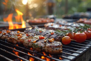 Close-up of succulent grilled steaks with vegetables cooking on a barbecue grill with flames and...