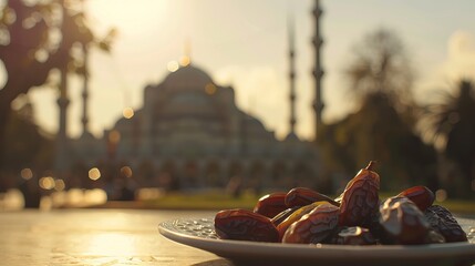 Sultan Ahmed Mosque can be seen in the sunny background. Dates, Ramadan concept. Close-up - obrazy, fototapety, plakaty