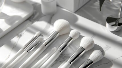 featuring a set of makeup brushes arranged neatly on a white background