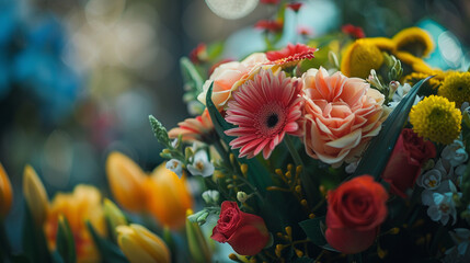 A bouquet of flowers with a mix of colors including yellow, orange, pink, and white