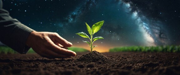 Expert hand of farmer checking soil health before growth a seed of vegetable or plant seedling, Business or ecology concept, In the background is the Milky Way galaxy. Stylish in the style of double