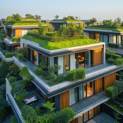 A modern green street consisting of houses with grass on the roof and plants on the balconies. Eco settlements - obrazy, fototapety, plakaty