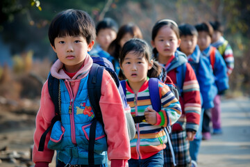 Asian kids going to school