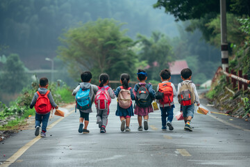 Asian kids going to school