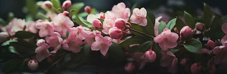 a bouquet of flowers that are pink with green leaves
