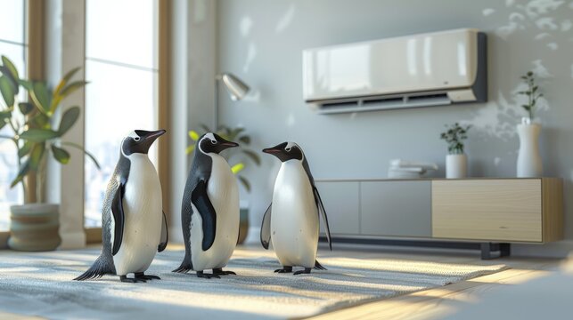 Penguins in a modern living room cool down under the air conditioner on a hot summer day