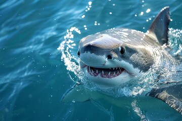 Majestic great white shark breaking through the water surface with menacing grin